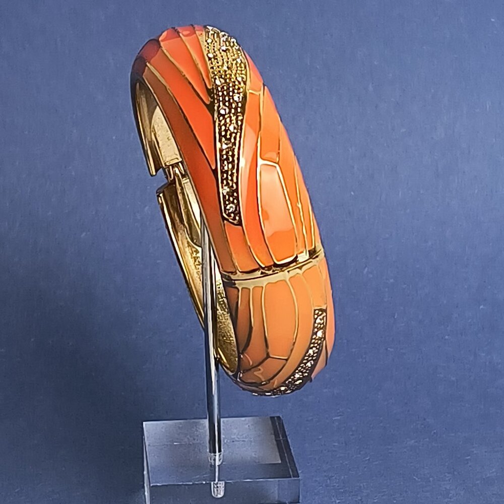Pastel/Lava Orange Butterfly Wing Enamel Bangle Hinge Bracelet Rhinestone